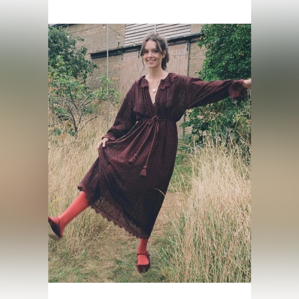 Doen Burgundy Long Sleeve Floral Midi Dress